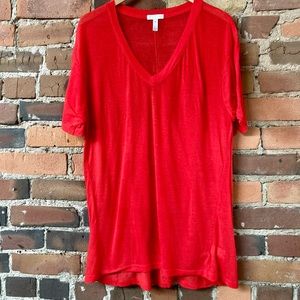 LEITH V-Neck Short Sleeve Red Semi-Sheer Droptail Tee.  Size: XS